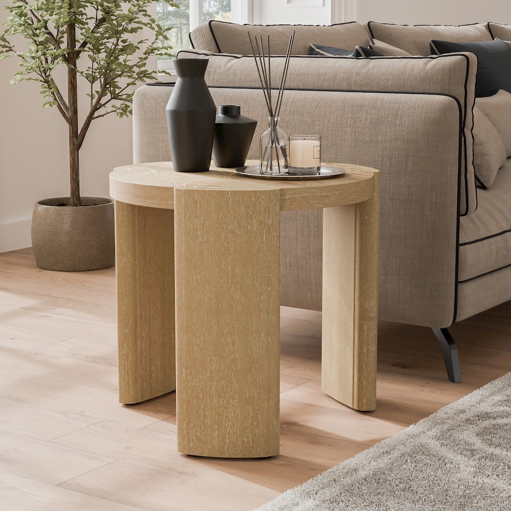 Honora Modern Wood Oval End Table with Plinth Base, Oak