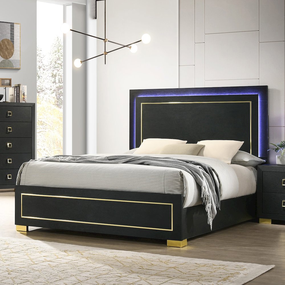 Nittely Modern Black Queen Panel Bed with LED on Headboard