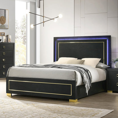 Nittely Modern Black Queen Panel Bed with LED on Headboard