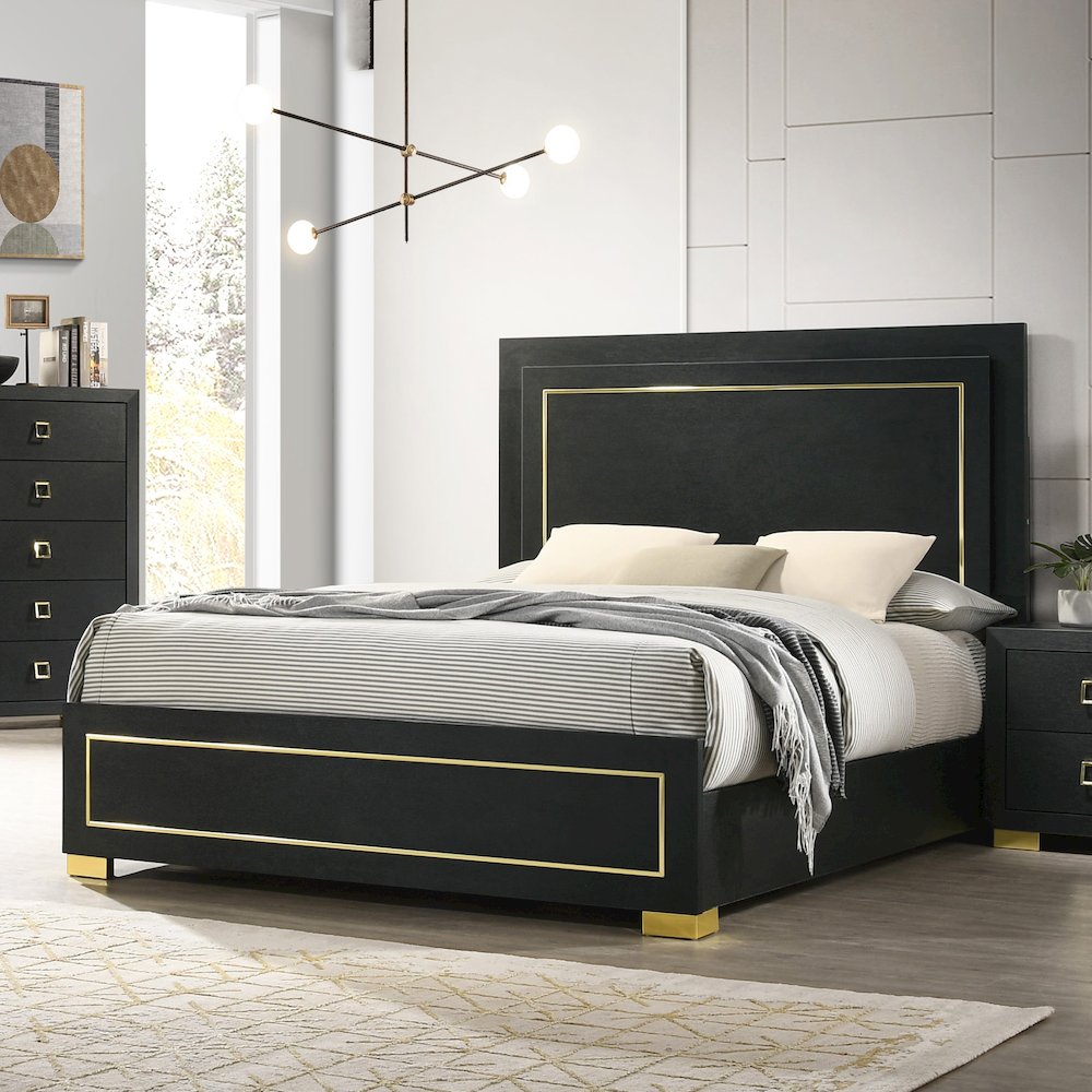 Nittely Modern Black Queen Panel Bed with LED on Headboard