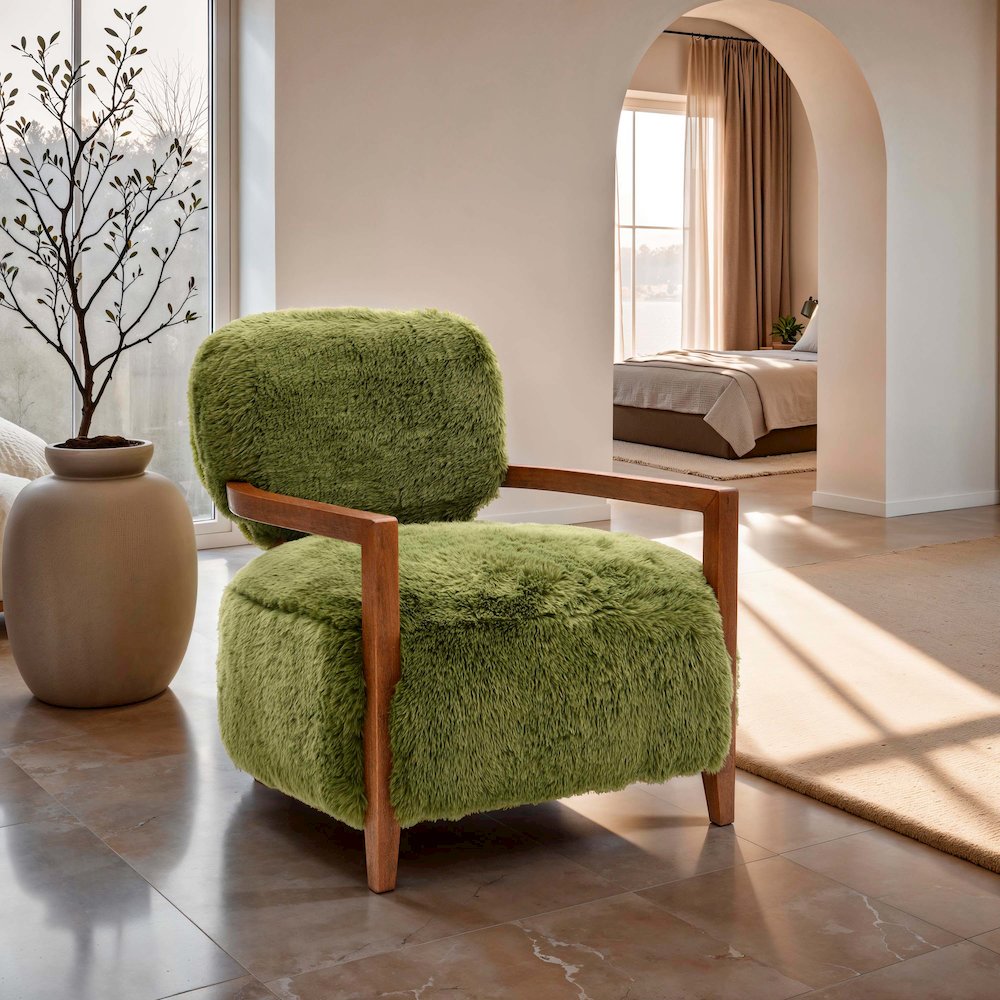 Birma Modern Green Faux Fur Short Haired Accent Chair