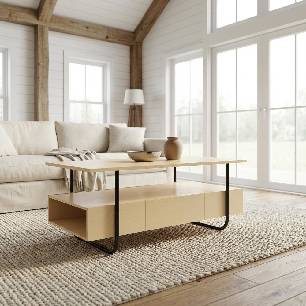 Brown Wood Storage Coffee Table with Metal Frame and Composite Board Surface