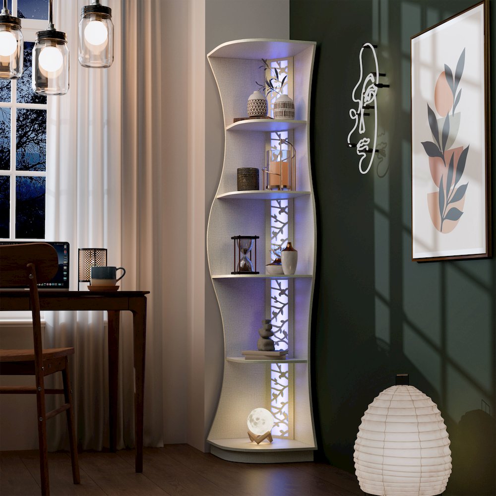 Wilton Contemporary 5-Shelf Corner Bookcase with LED Light
