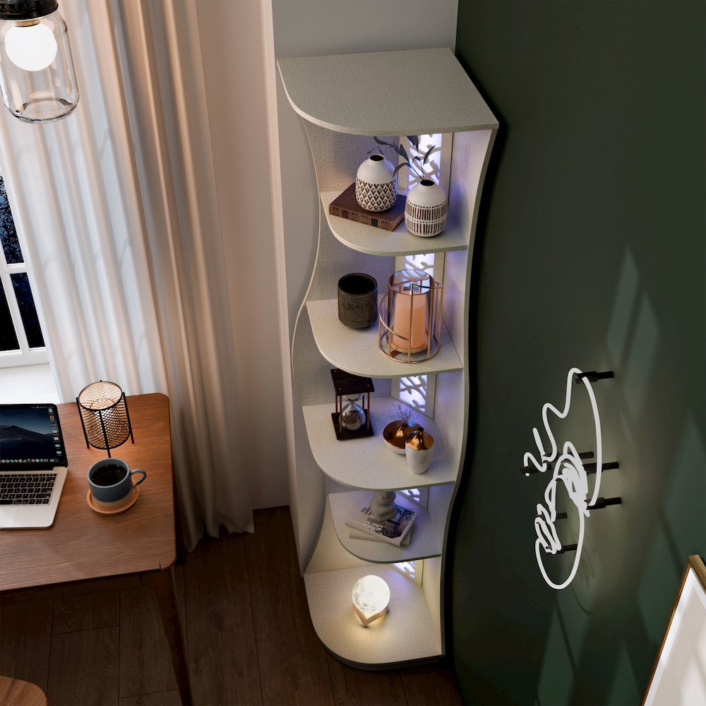 Wilton Contemporary 5-Shelf Corner Bookcase with LED Light