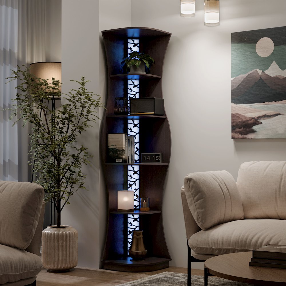 Wilton Contemporary 5-Shelf Corner Bookcase with LED Light