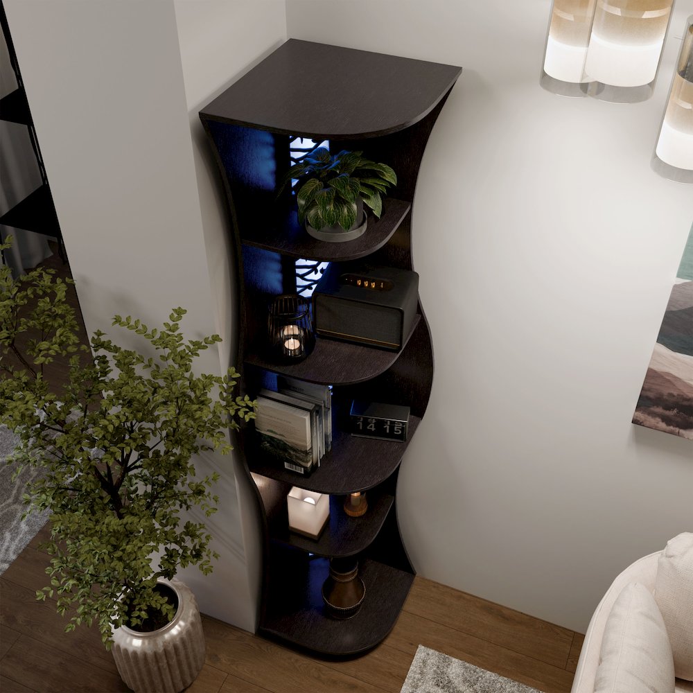 Wilton Contemporary 5-Shelf Corner Bookcase with LED Light