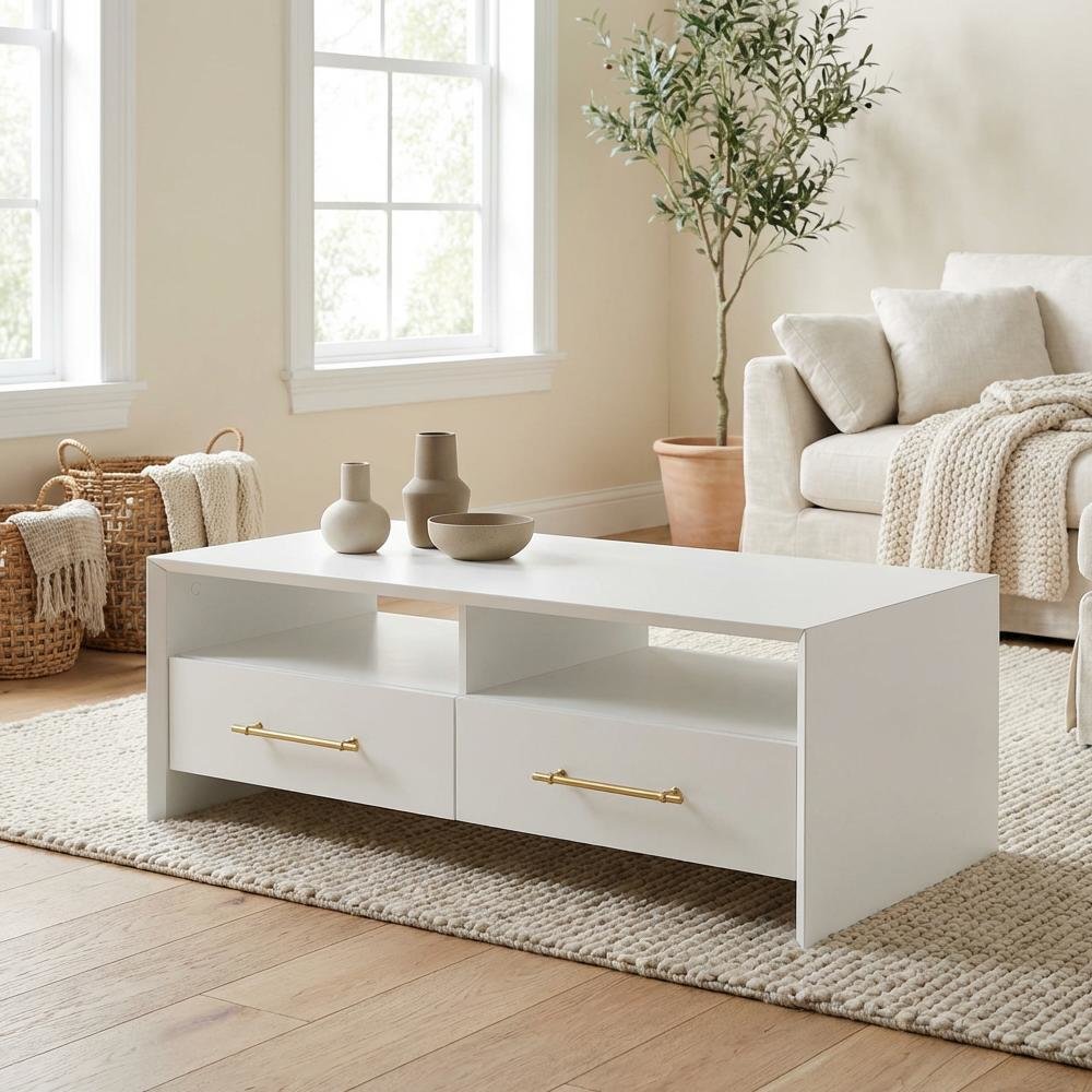 White Coffee Table with 2 Drawers and 2 Shelves MDF Particle Board