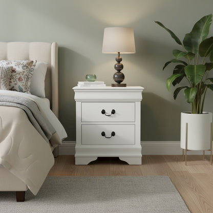 White Wooden Nightstand with 2 Drawers – Small 21.7 Inch Wide Bedroom Nightstand
