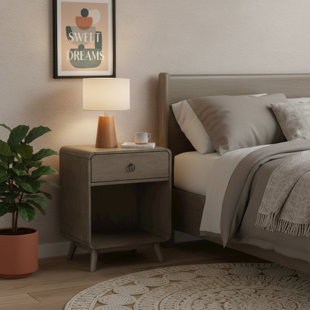 Gray Wooden Nightstand – 1 Drawer Side Table for Bedroom Décor and Storage