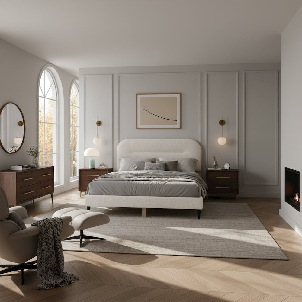 White Boucle Upholstered Queen Bedframe with Headboard – Soft Frame