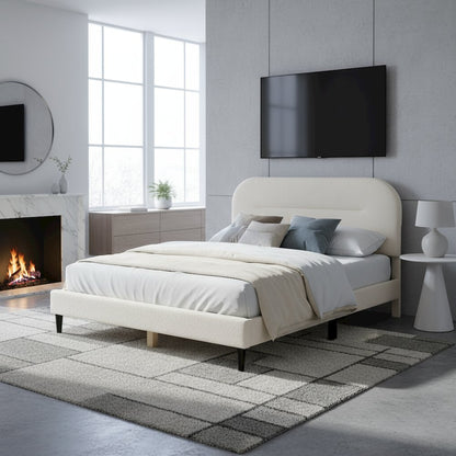 White Boucle Upholstered Queen Bedframe with Headboard – Soft Frame