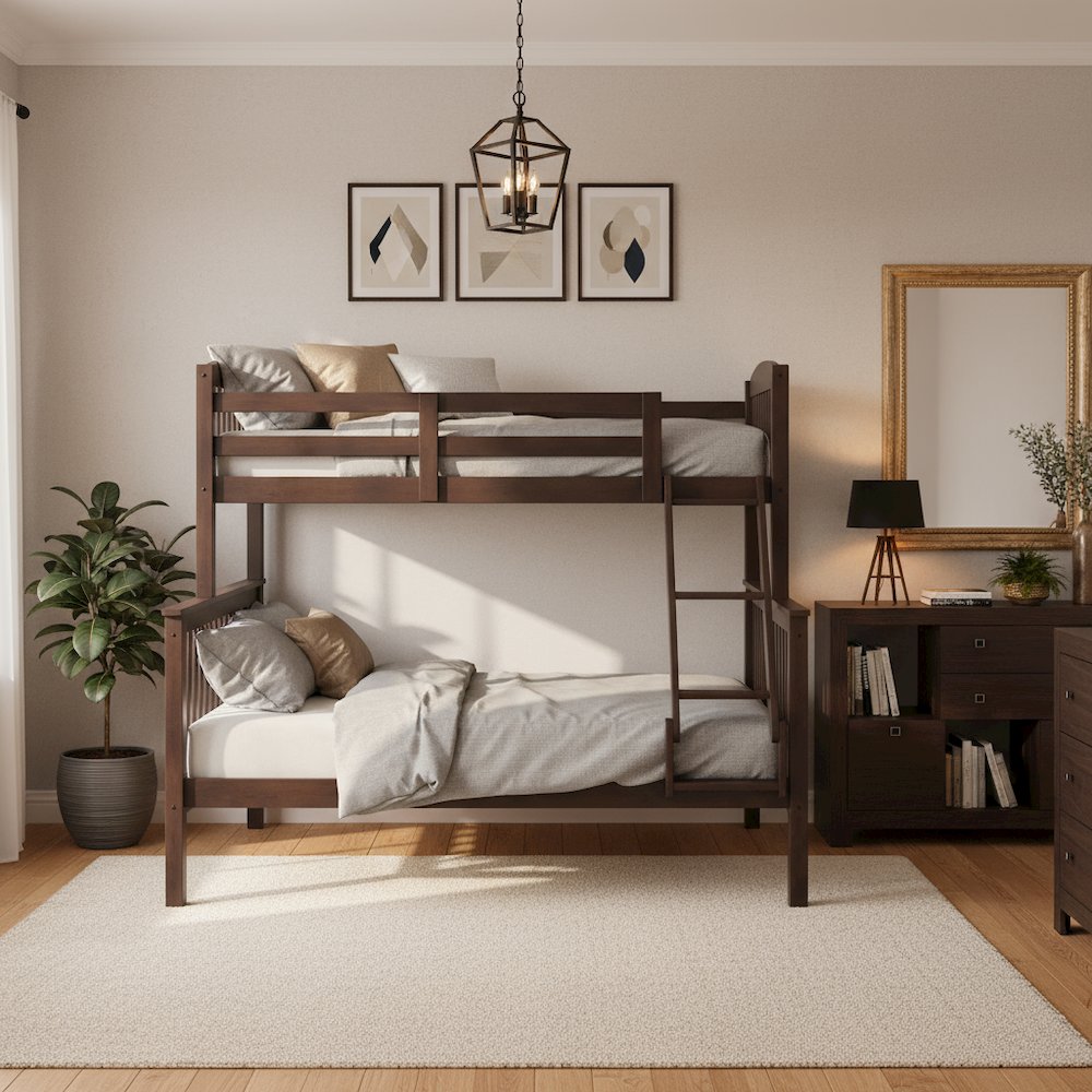 Brown Wooden Bunk Beds Twin Over Full Size with Ladder and Guard Rails