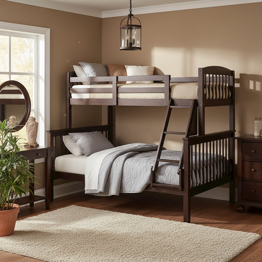 Brown Wooden Bunk Beds Twin Over Full Size with Ladder and Guard Rails