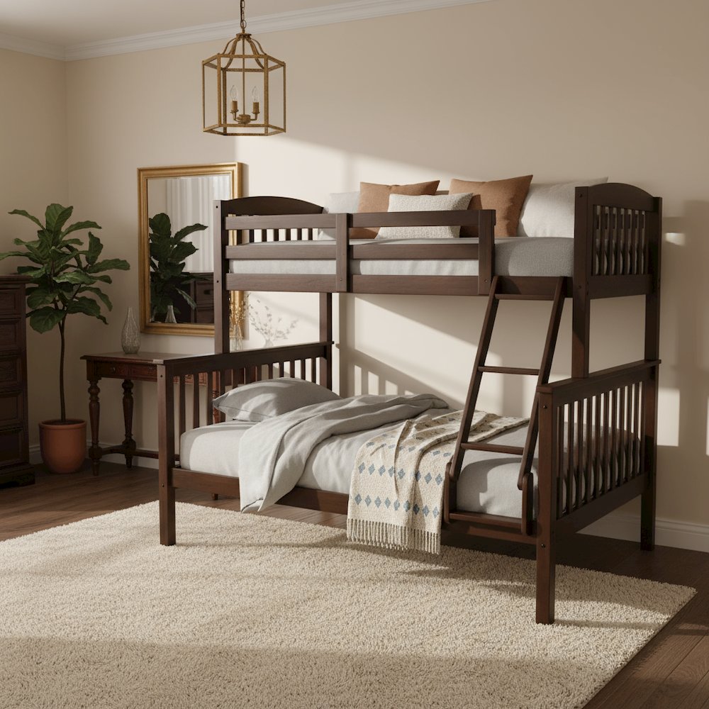 Merlot Red Wooden Bunk Beds Twin Over Full Size with Ladder and Guard Rails