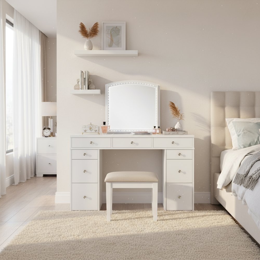 White Makeup Vanity Desk with Mirror and LED Lights – Vanity Desk Set With Stool