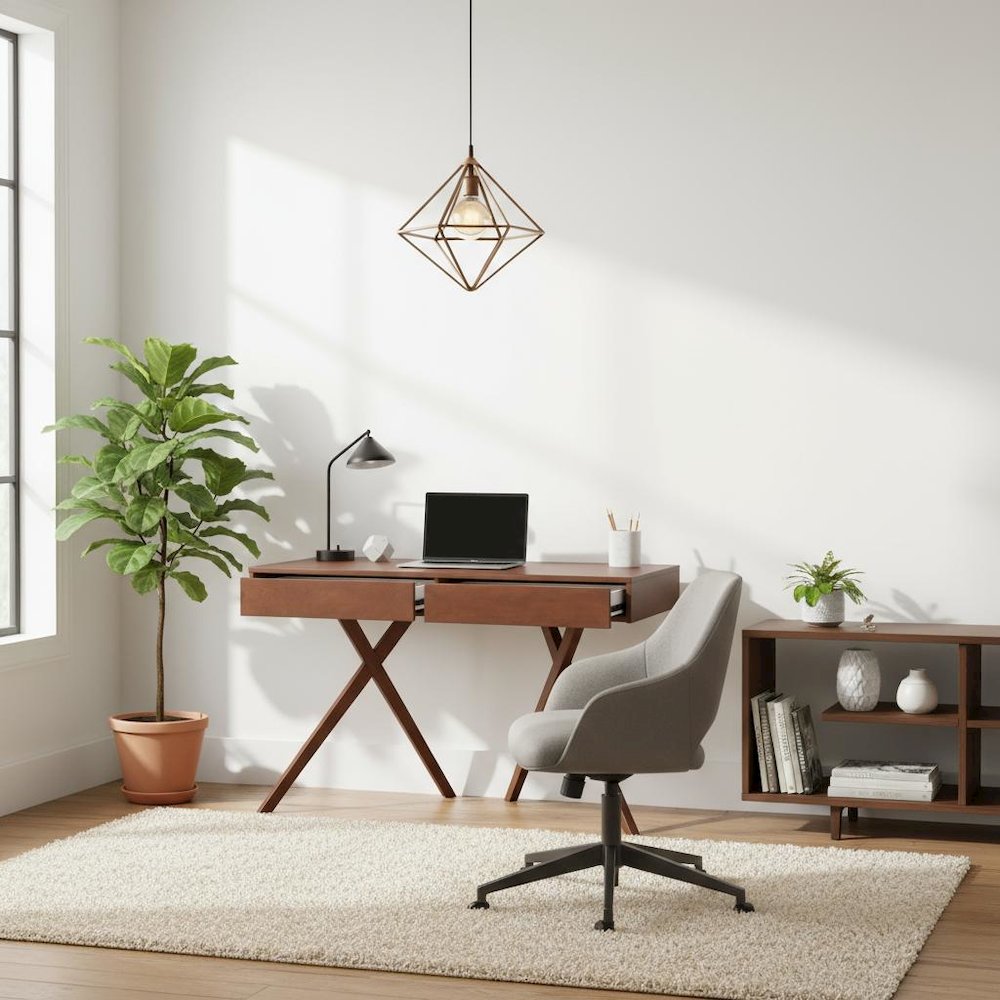 Brown Wood Desk with Storage – Small Desk with 2 Drawers, 2 USB Ports, Outlets