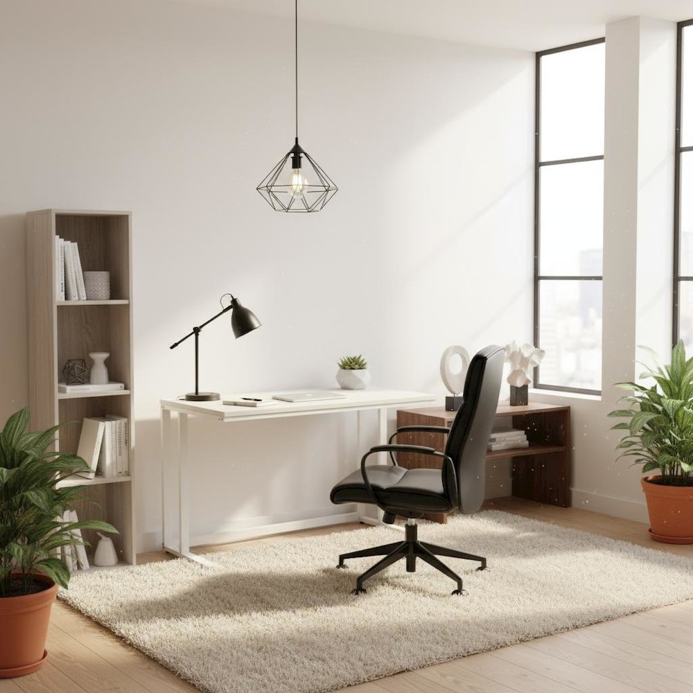 White Writing Desk – Metal Computer Desk With USB and Power Outlets