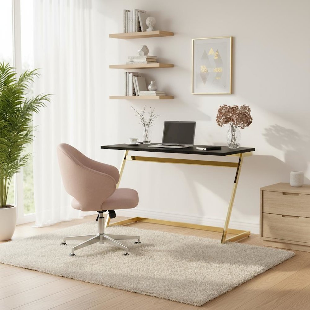 Black Writing Desk – 47.25 Inch Brass Plated Frame Computer Desk with USB