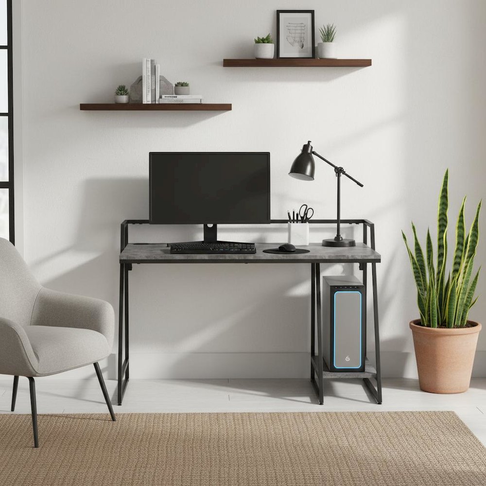 Gray Writing Desk – Metal Computer Desk or Home Office Table with USB