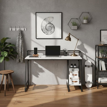 White Writing Desk – Metal Computer Desk or Home Office Table with USB