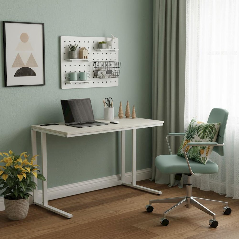 White Writing Desk – Metal Computer Desk With USB and Power Outlets