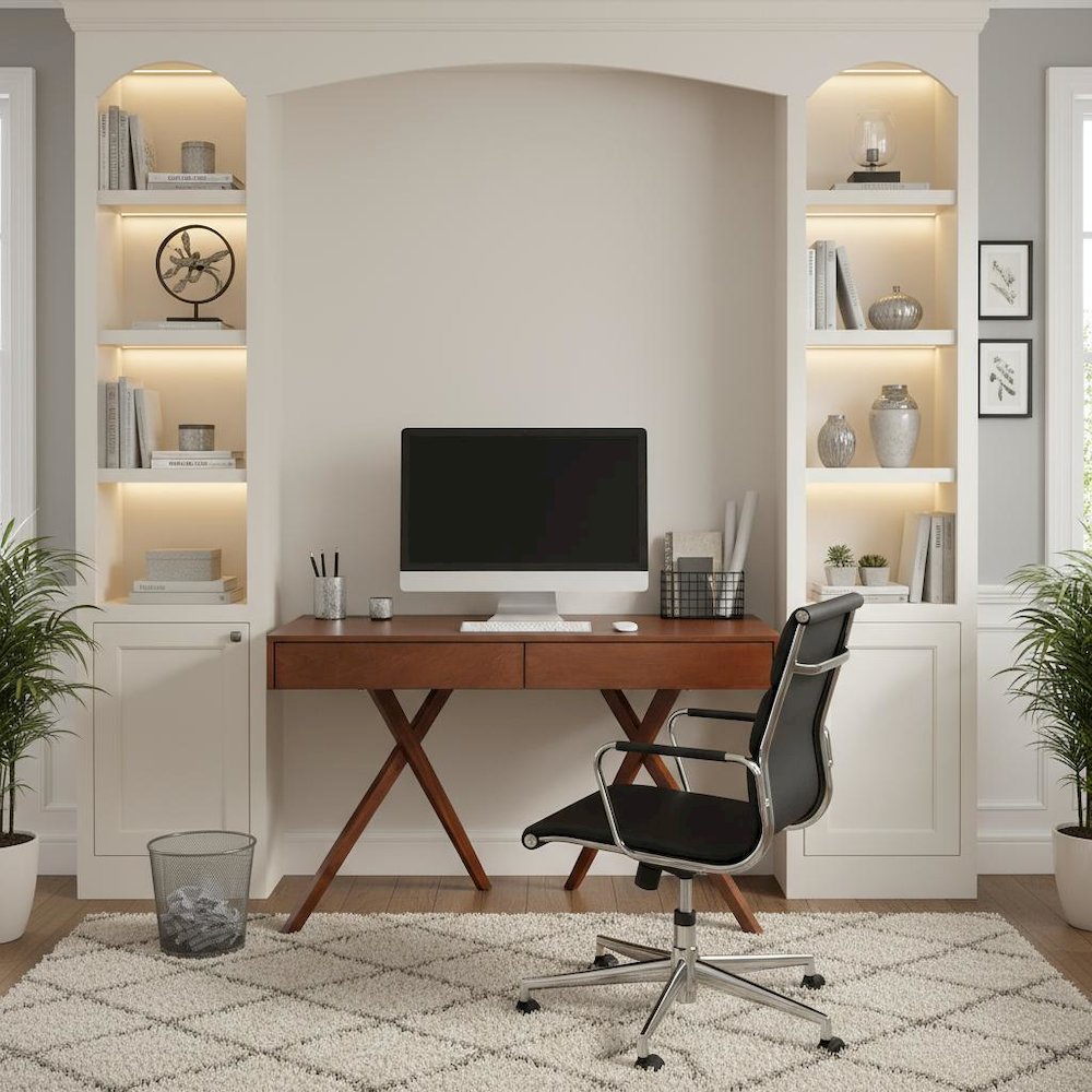 Brown Wood Desk with Storage – Small Desk with 2 Drawers, 2 USB Ports, Outlets
