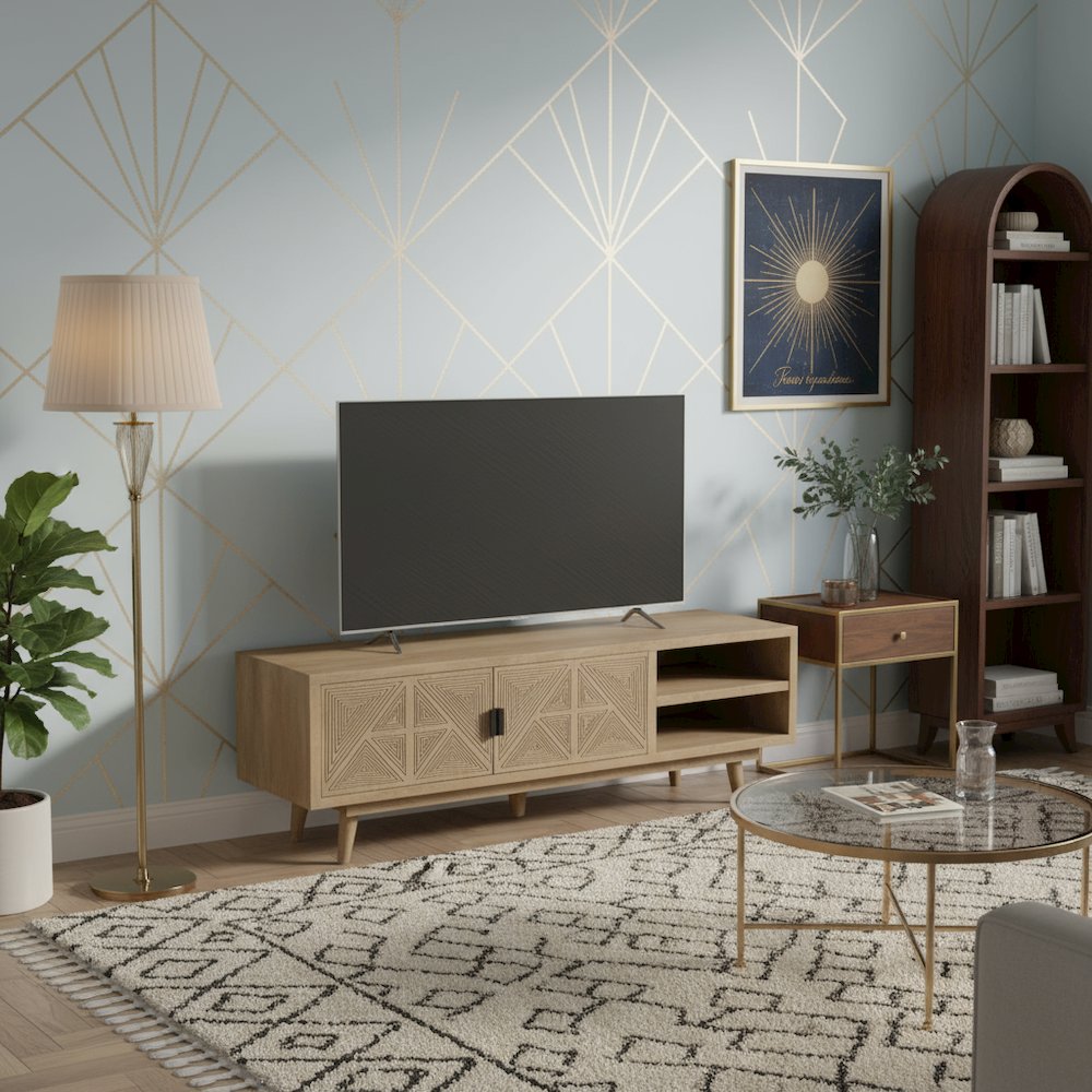 Brown Wood TV Console – Entertainment Center of 56 Inch Wide for Living Room