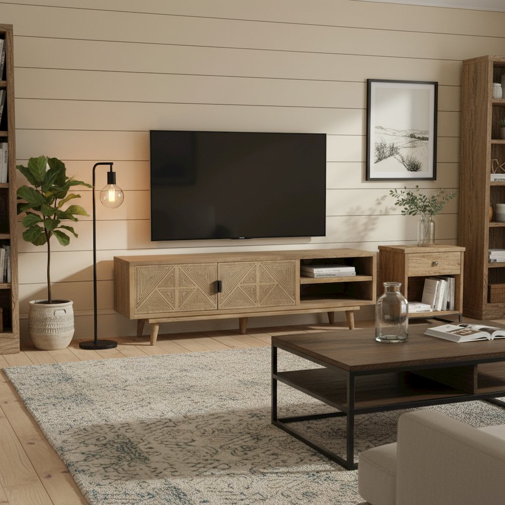 Brown Wood TV Console – Entertainment Center of 56 Inch Wide for Living Room