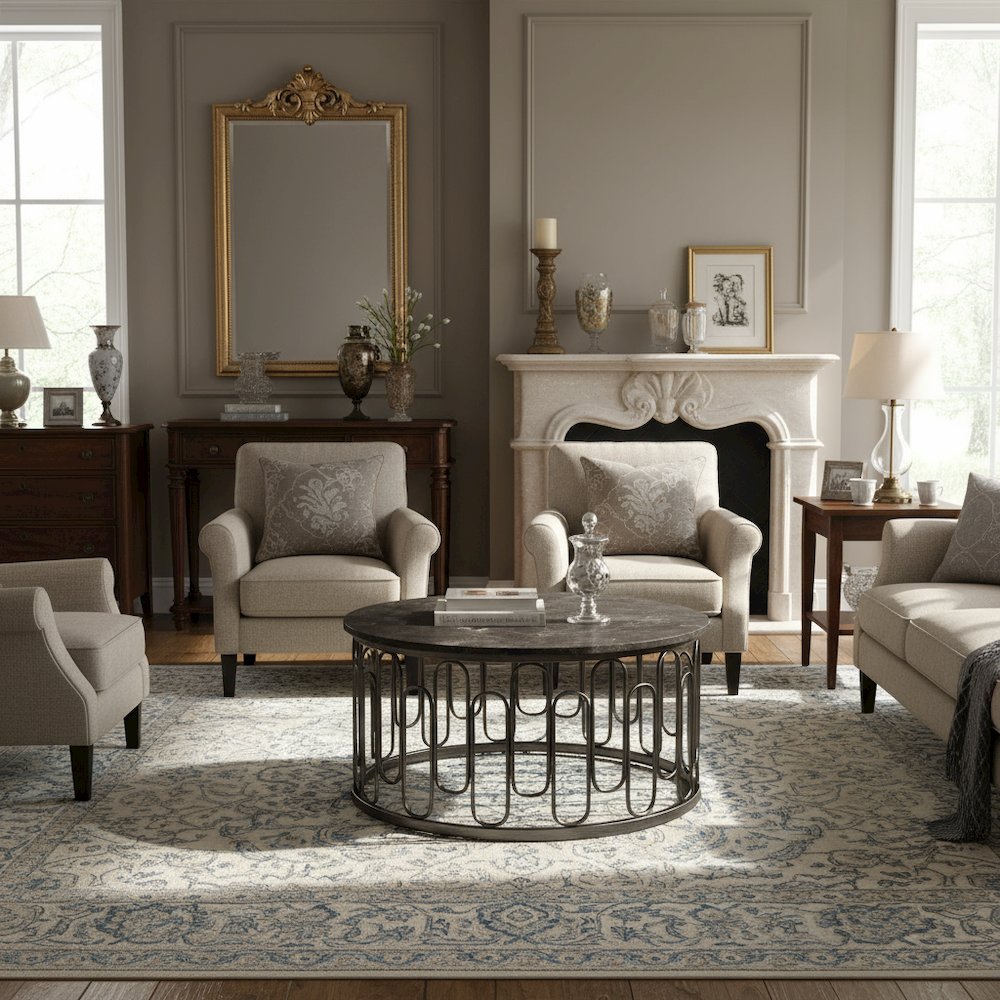 Gray Round 36 Inch Marble Coffee Table with Modern Metal Base