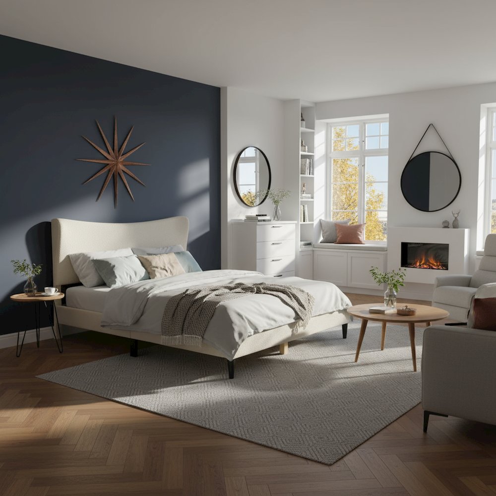 White Boucle Upholstered Queen Bed Frame with Headboard - Modern Style