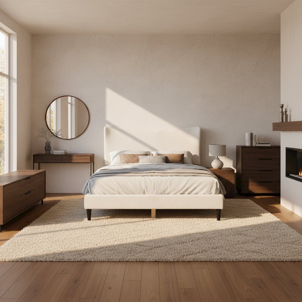 White Boucle Upholstered Queen Bed Frame with Headboard - Modern Style