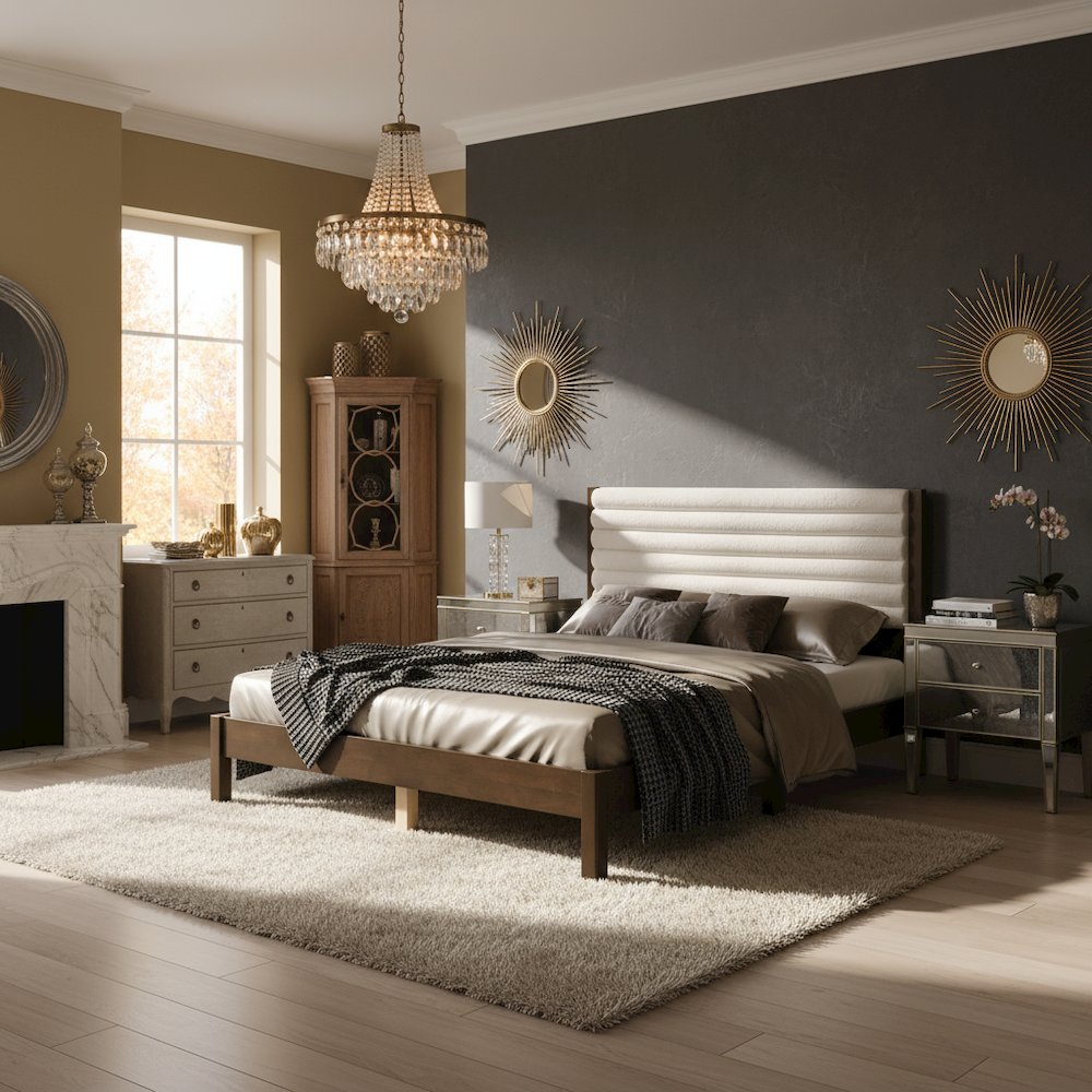 White Boucle Upholstered Queen Bed Frame with Headboard - Modern Design