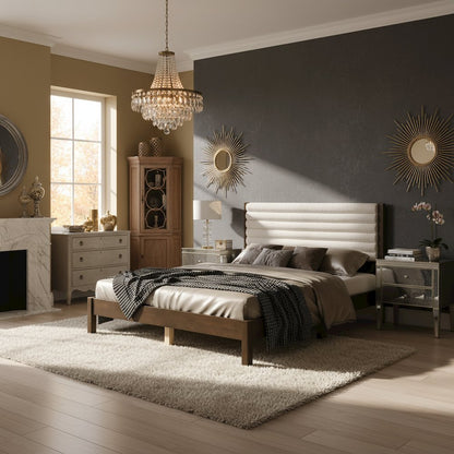 White Boucle Upholstered Queen Bed Frame with Headboard - Modern Design