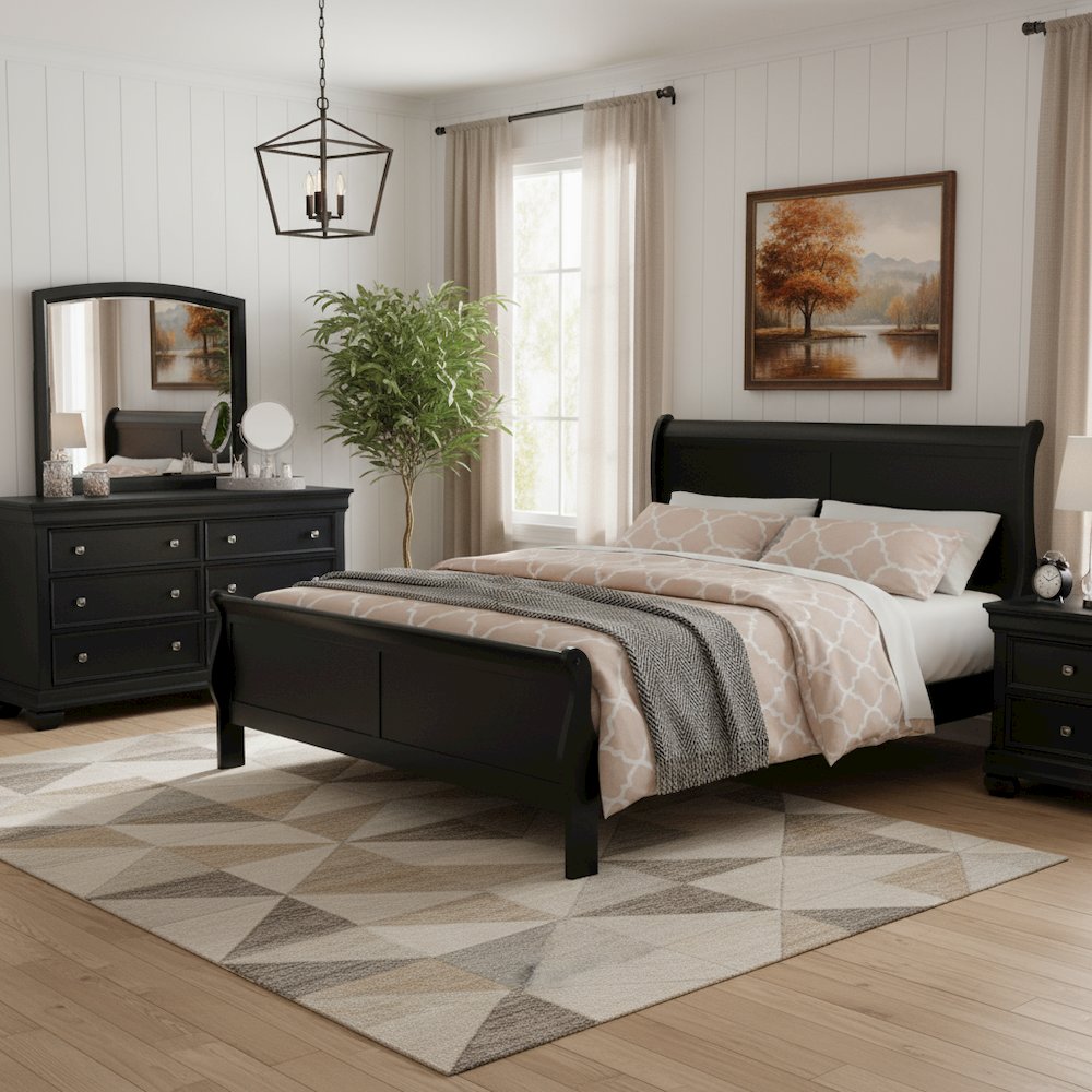 Black Wooden King Size Bed Frame - Sleigh Design with Headboard and Footboard
