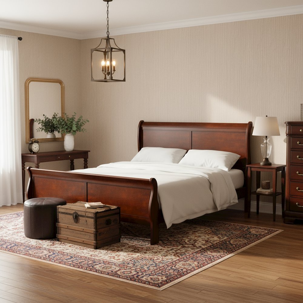 Cherry Brown Wooden King Size Sleigh Bed Frame – Classic King Bed Frame Wood