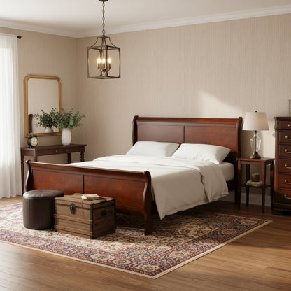 Cherry Brown Wooden King Size Sleigh Bed Frame – Classic King Bed Frame Wood