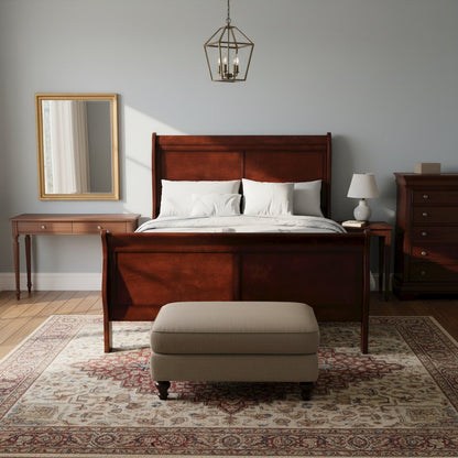 Brown Wooden Full Size Bed Frame – Sleigh Platform Bed with Headboard