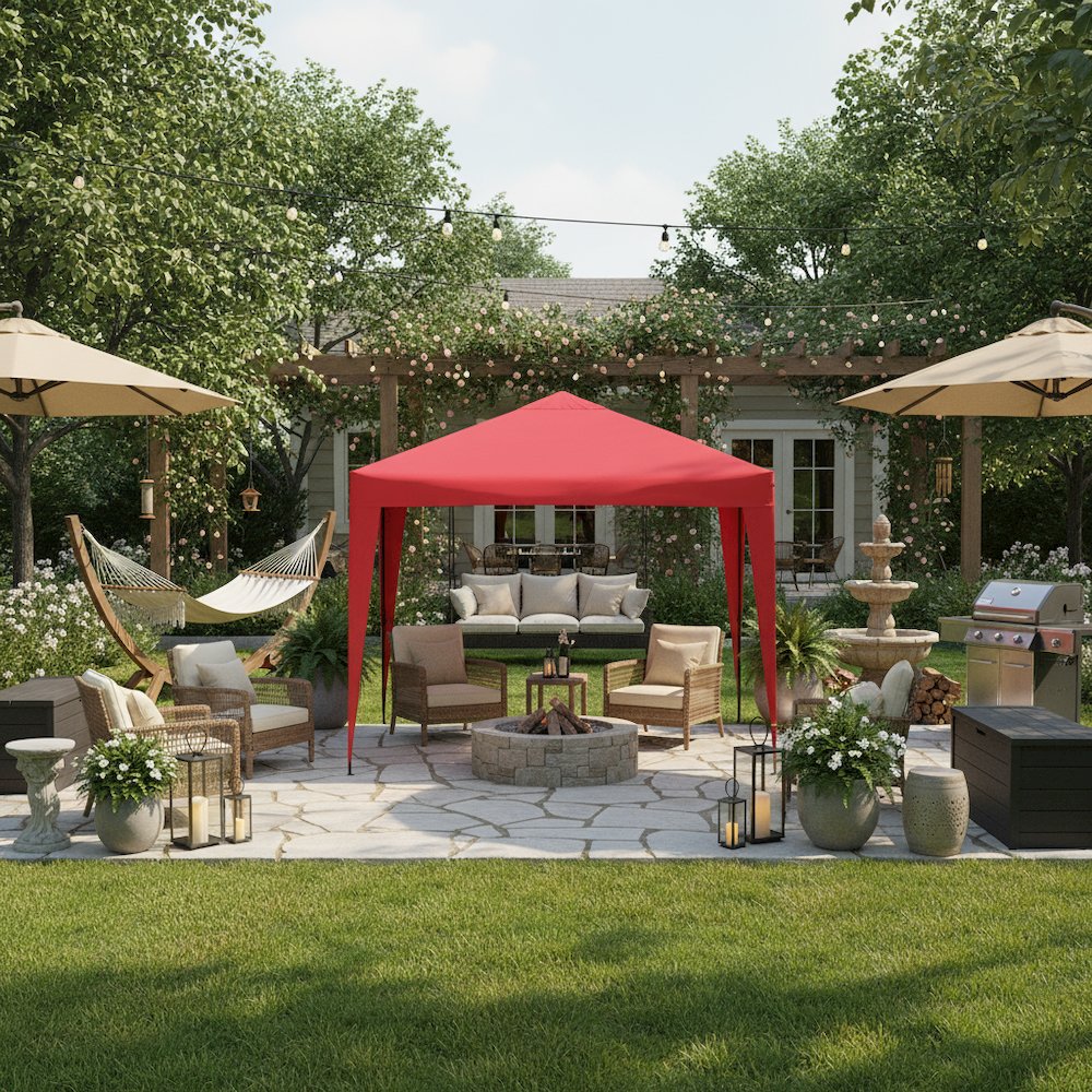 Red Polyester, Steel Frame, Pop Up Canopy – Outdoor Gazebo for Events