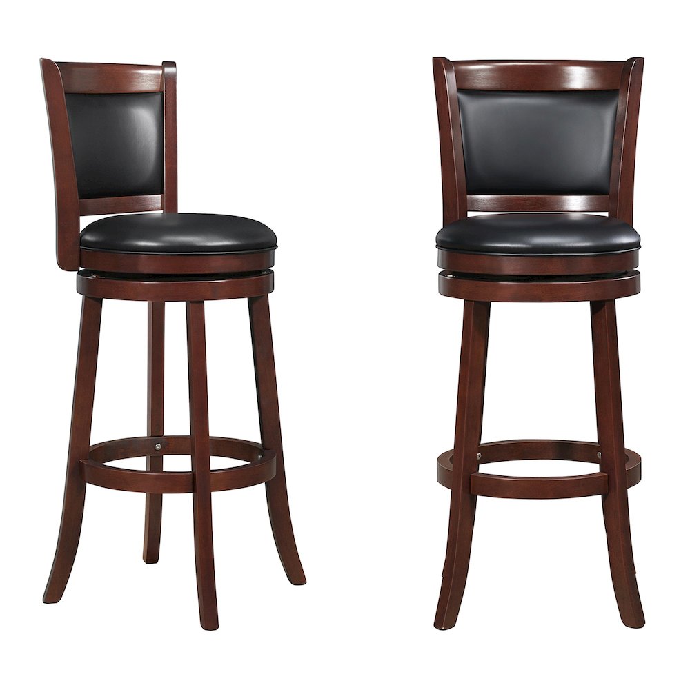 Cherry Finish Black PU Cushion Back Swivel Bar Height Chair