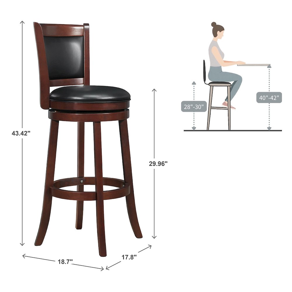 Cherry Finish Black PU Cushion Back Swivel Bar Height Chair