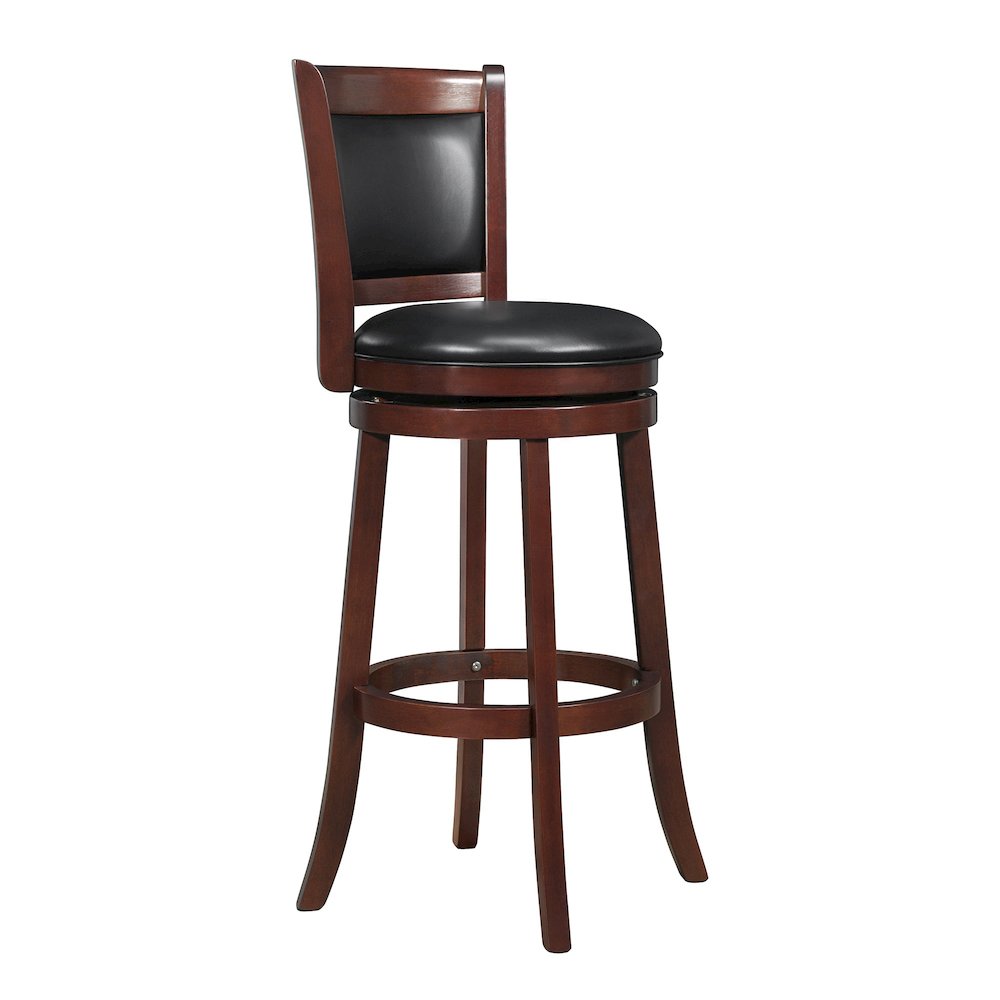 Cherry Finish Black PU Cushion Back Swivel Bar Height Chair