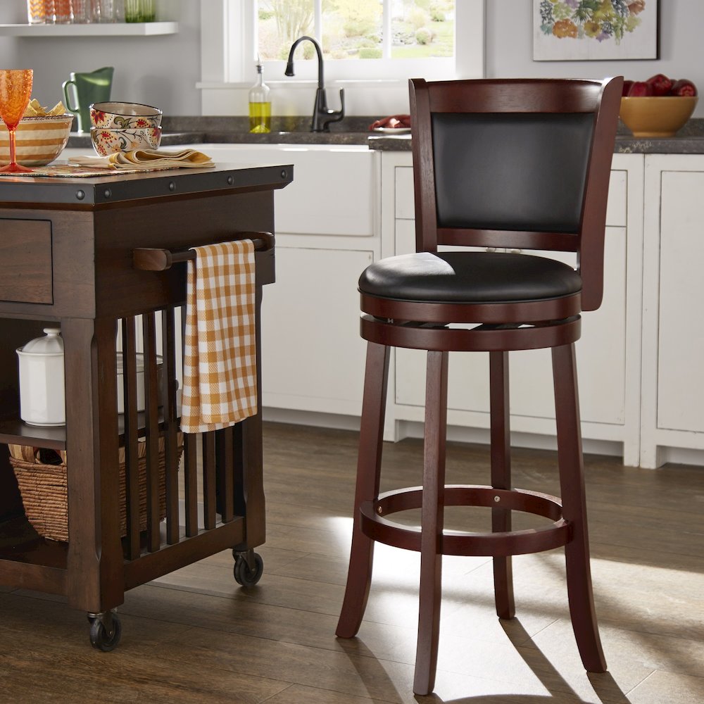 Cherry Finish Black PU Cushion Back Swivel Bar Height Chair