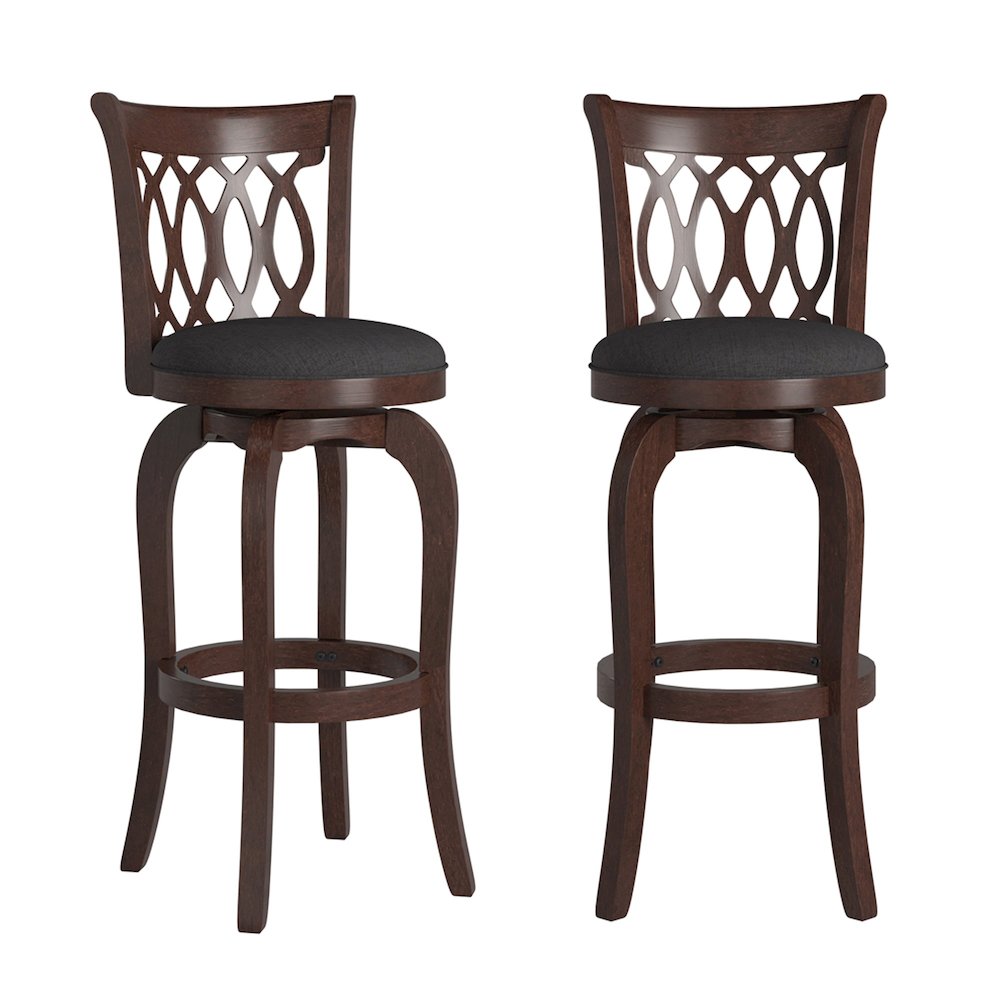 Cherry Finish Dark Grey Linen Scroll Back Swivel Bar Height Chair