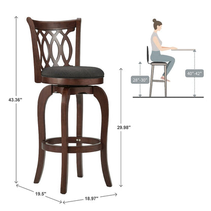 Cherry Finish Dark Grey Linen Scroll Back Swivel Bar Height Chair