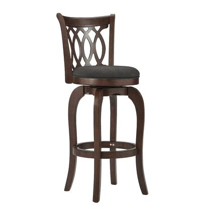 Cherry Finish Dark Grey Linen Scroll Back Swivel Bar Height Chair