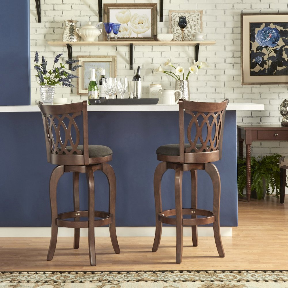Cherry Finish Dark Grey Linen Scroll Back Swivel Bar Height Chair