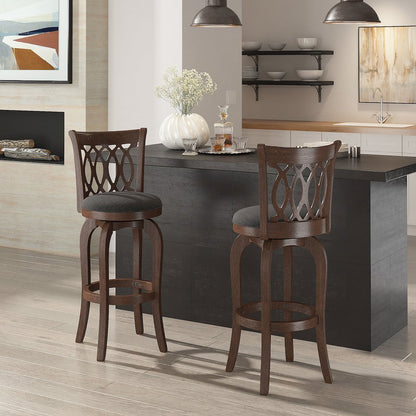 Cherry Finish Dark Grey Linen Scroll Back Swivel Bar Height Chair