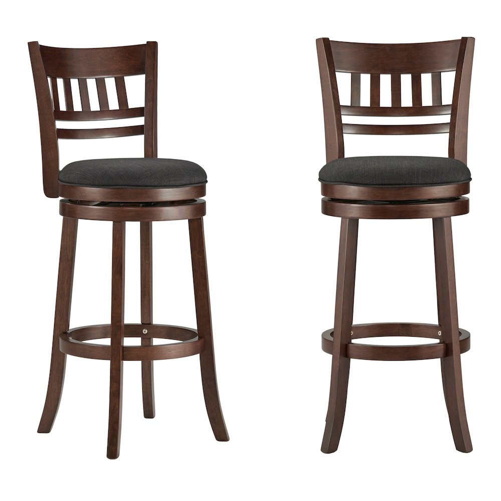 Dark Cherry Finish Dark Grey Linen Swivel Bar Height Chair (Vertical Design)