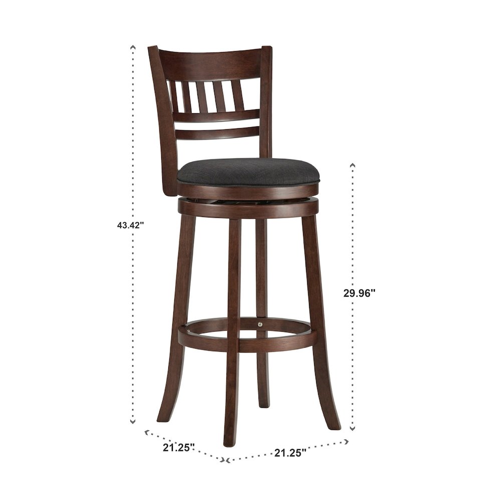 Dark Cherry Finish Dark Grey Linen Swivel Bar Height Chair (Vertical Design)