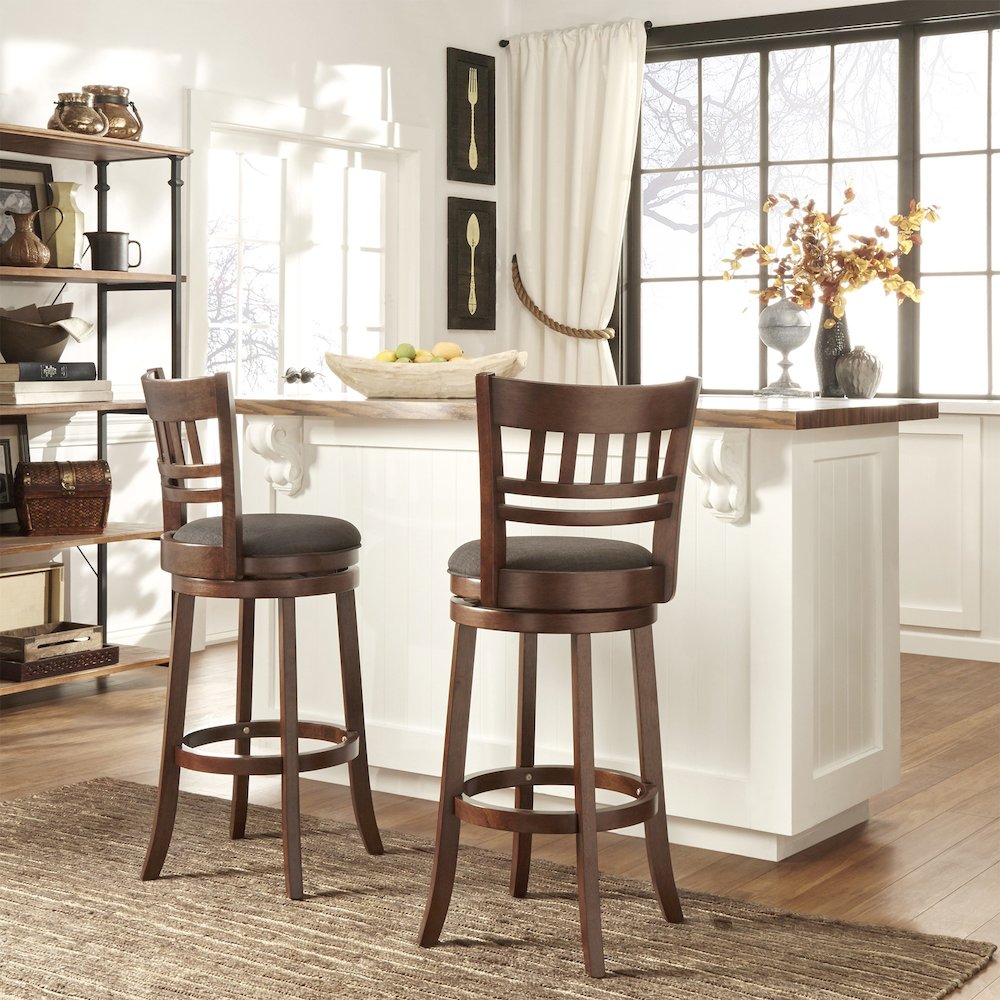 Dark Cherry Finish Dark Grey Linen Swivel Bar Height Chair (Vertical Design)